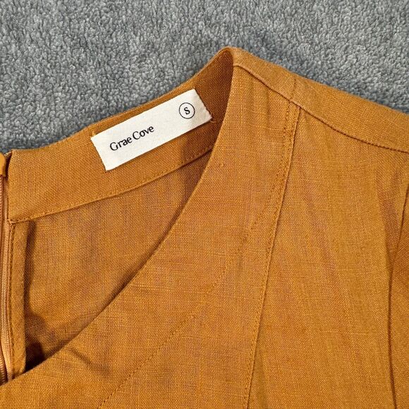 Grae Cove Short Sleeve Dress Women's Small Linen Laganlook Golden Faux Pockets - Picture 4 of 10